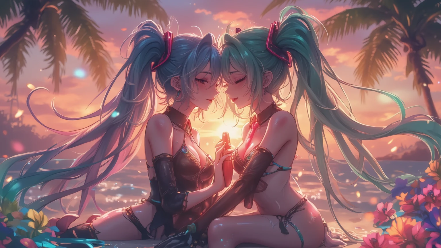 masterpiece、top-quality、(Soft light)、(oily shiny skin)、(2girls)、((Hug each other as if pressed against each other's chests.))、super sonic & Hatsune Miku、Maikurobikini、Between the chest 、((Bust grip))、chest、choker、breast cleavage 、(((Colossal))) 、Watch the audience、Many girls. 、opposite chest、outdoor pool、Resort、Beautiful backgrounds、detailed drawing、Anatomical visualization of the human body、Precise drawing、high class feeling、Bus-up、Shot diagonally from below.、no panty , maid succubus, open shirt , good hand