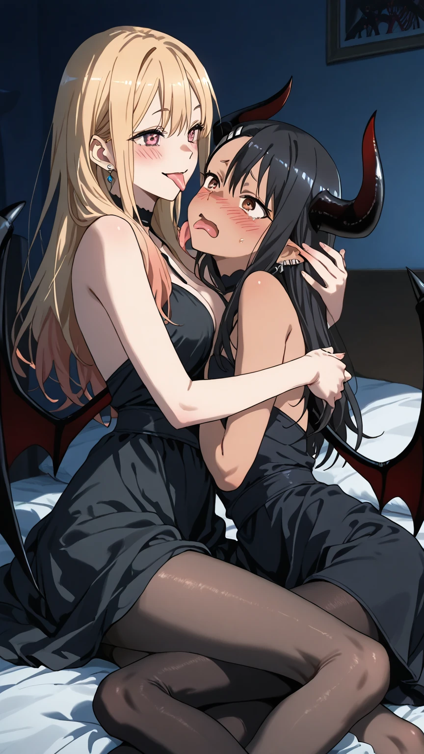 Two girls Eroi Dresses Capturing one person by holding her wrist in cowgirl position breast smothering On a plush bed Lovely room large full breasts Cow girl Position