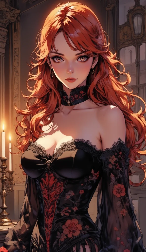 shoujo-style, one girl, solo, (floral background), romance manhwa, russian girls in a fur coat, dominatrix, skinny, small breasts, pronounced feminine feature, (dark shot:1.22), neutral colors, (hdr), (muted colors), (intricate), (artstation), dramatic, intricate details, (technicolor:0.9), detailed, intricate, cinematic, detailed, small breasts, beautiful one-piece underwear, model pose,gold eyes, legwear garter, red hair, bdsm, choker, ornate lavish rich aristocrat royal mansion,music room,art,drapes,curtains,carpets,rugs,doors,(chaise lounge), detailed background,