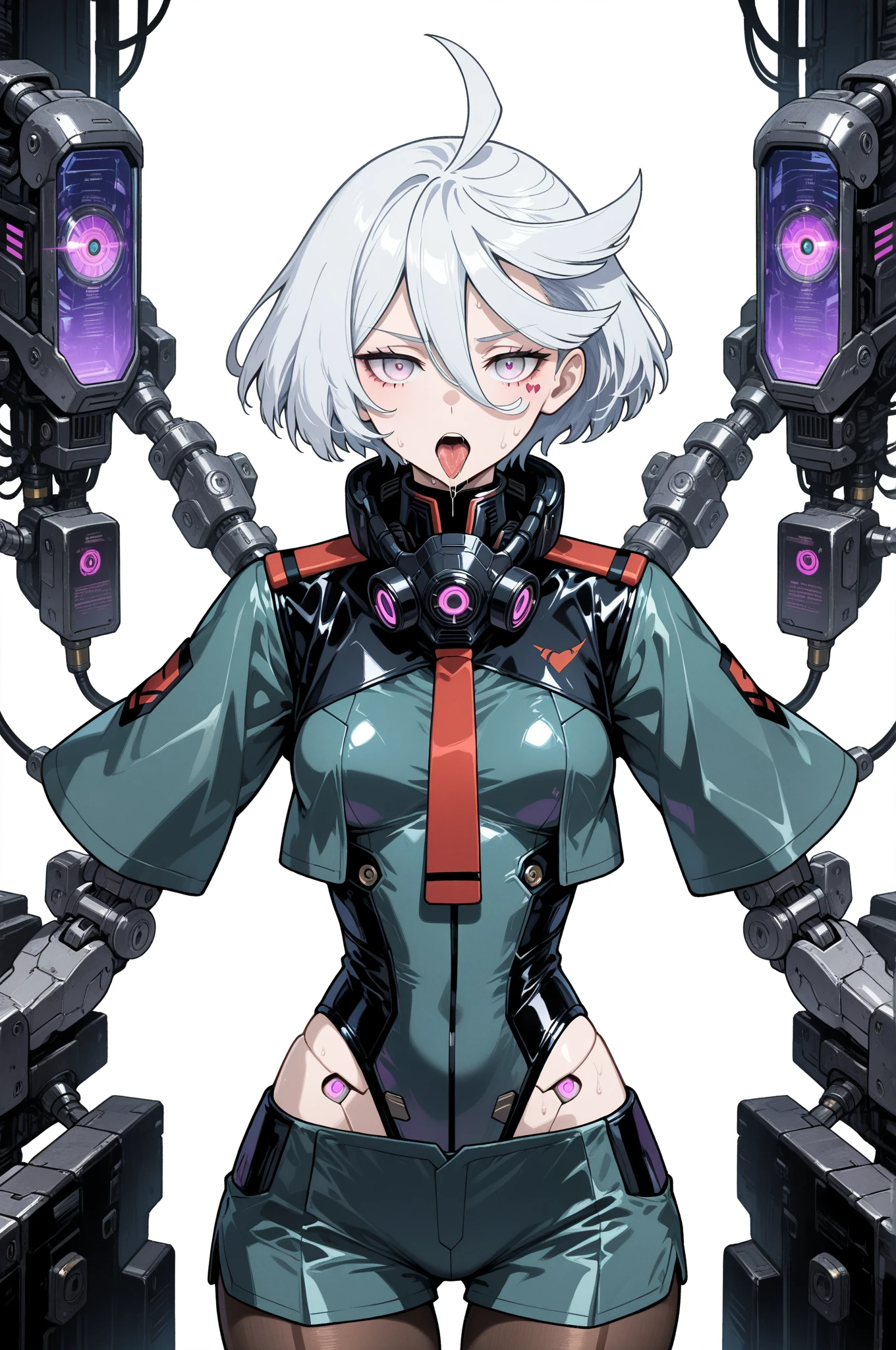 1 girl, high quality, (short hair), forehead, (medium breast), (straps on thighs:1.3), white background, plants, (stocking), (sweaty:1.1), (nipples:0.8), thick thighs, (middle Ages:1.2), (cameltoe:1.1), suit, stomach, (cyborg:1.2), (armor), white hair, hair band