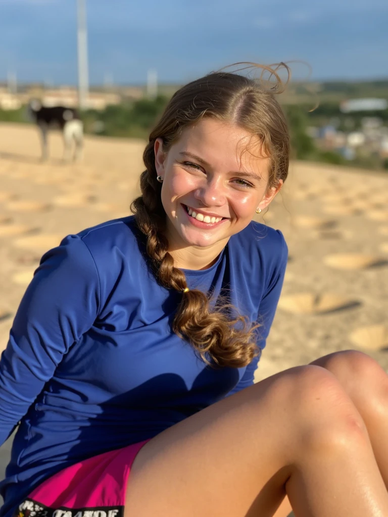 (best quality, masterpiece), 1girl, upper body, paw pose, smile, laughing, happy, ocean, crop top, shorts, blonde, freckles, blush, looking at viewer, wavy hair, long hair, cloud, splashing, waves, sun, mountain, wet