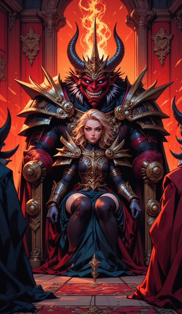 Anime CRABDM style.
A digital illustration shoot from the side about a fantasy character with long blonde hair sitting on a throne, accompanied by a small creature, in an outdoor location with a castle in the background and a cloudy sky. on the middle of the image, a 1woman, who appears to be in her mid-twenties, with a slim body, is sitting on the throne, wearing a red and black corset, black leggings, and brown boots. she has long, flowing blonde hair and is wearing goggles on her head. her expression is a smile, and she is looking directly at the viewer with her brown eyes. on her right hand, she is holding a sword, and on her left hand, a small, furry creature is perched on her lap. the background features a tall, spire-like structure with a flag on top, and several dragon-like creatures flying around. the overall color palette is vibrant and detailed, with shades of orange, yellow, and green.