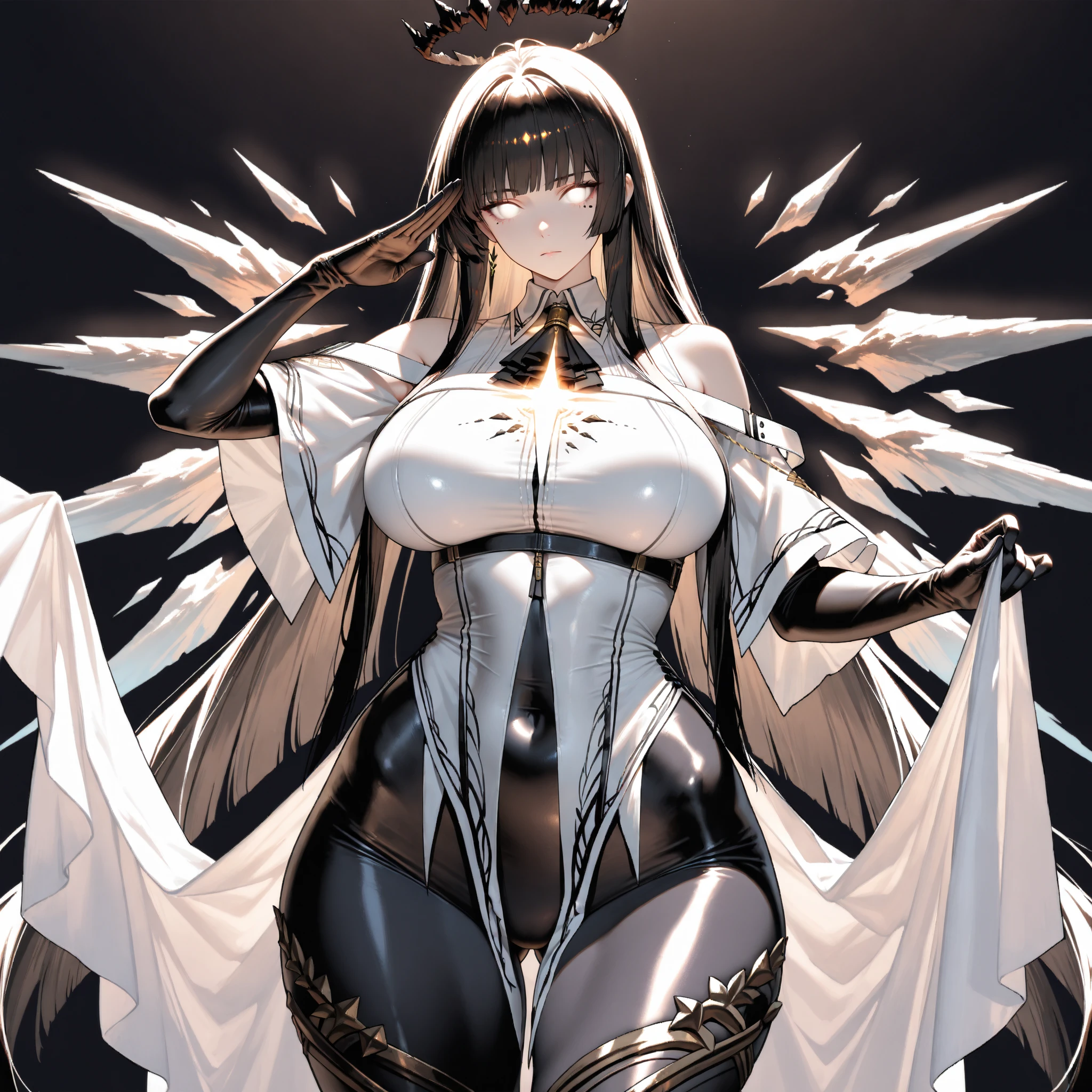 1girl,solo,long hair,black hair color,light purple eye color,mask,White coat,huge breasts,slender,tall person,looking at viewer,near