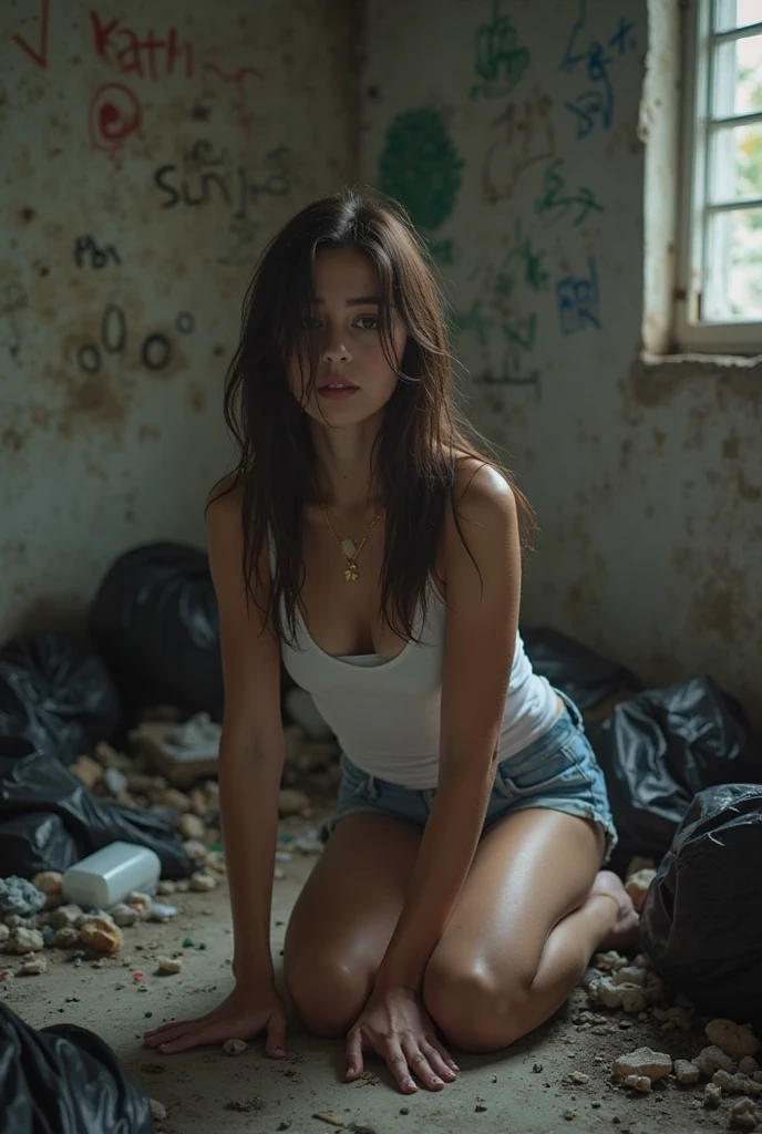 A beautiful white girl with green eyes black straight hair is wearing an old dress she is sitting on the floor in an abandoned cave she looks alone she has a sweet and sad look