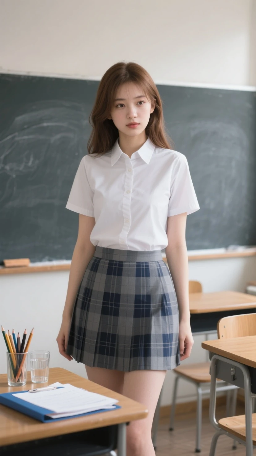 ((highest quality, masterpiece :1.3)), Photorealistic、Ultra-high resolution、Natural skin texture、Hyperrealism、Photograph from the knee up、15 year old Japanese beautiful girl、Twin tail hair、well-shaped breasts、Tight white collared shirt and tie、mini skirt、Contemptuous expression