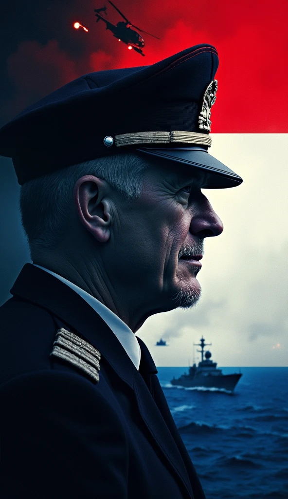 <lora:add_detail:1> (1man, wrinkled face, old male:1.2), yellow eyes, gray hair, short beard, portrait, solo, upper body, looking up, detailed background, detailed face, (renaissance theme:1.1), admiral, smiling, yellow elaborate naval uniform, admiral's cap, navy flag, dynamic movement, on deck of ship, sails, rail, ship wheel, naval battle and fire on the horizon, dusk, dramatic lighting, cinematic atmosphere,