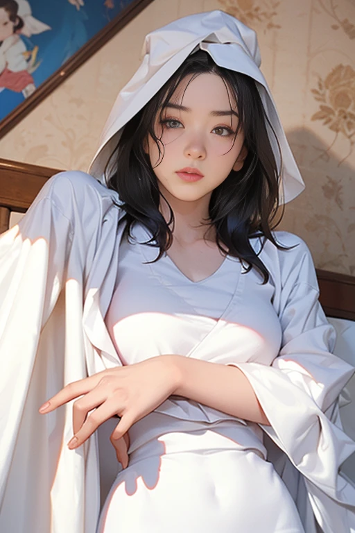 A cute girl with a white blanket wrapped around her head, digital painting, 8k, Artstation, digital art style