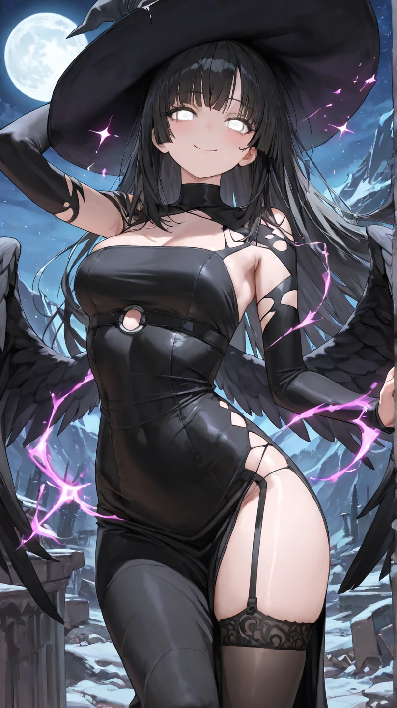 1girl, breasts, solo, horns, long hair, albedo (overlord), wings, large breasts, dress, hip vent, black wings, white gloves, gloves, looking at viewer, black hair, white dress, bare shoulders, hair between eyes, yellow eyes, feathered wings, demon horns, smile, feathers, demon girl, cleavage, slit pupils, detached collar, bangs, very long hair, closed mouth, black feathers, cowboy shot, covered navel, elbow gloves, white horns, standing, demon wings ,