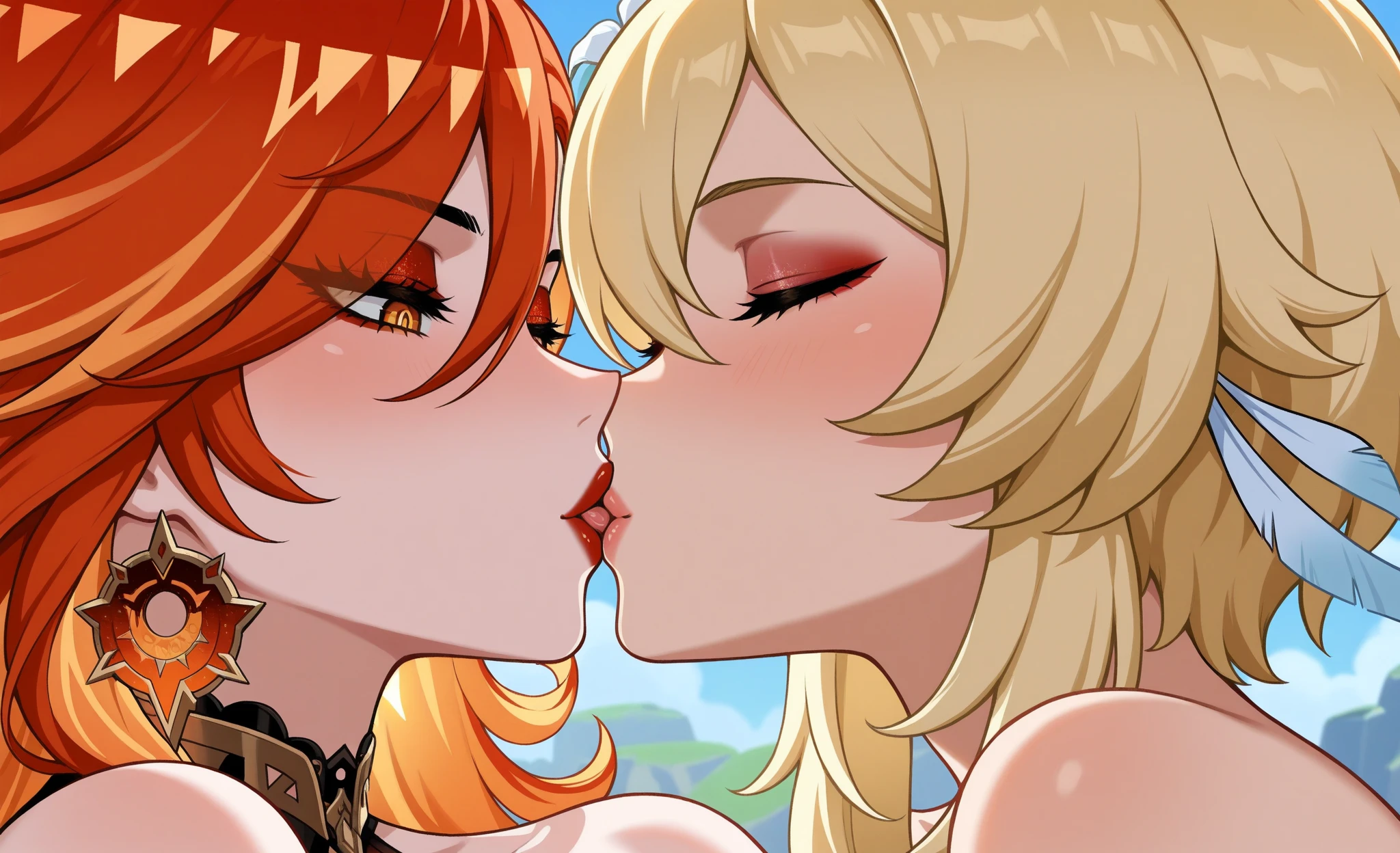 Blonde hair and blue eyes、lesbian sex,full color,stand,(Full Color)(Full Color)Orgasm facial expression、Very sweaty、Licking 、Licking nipples、