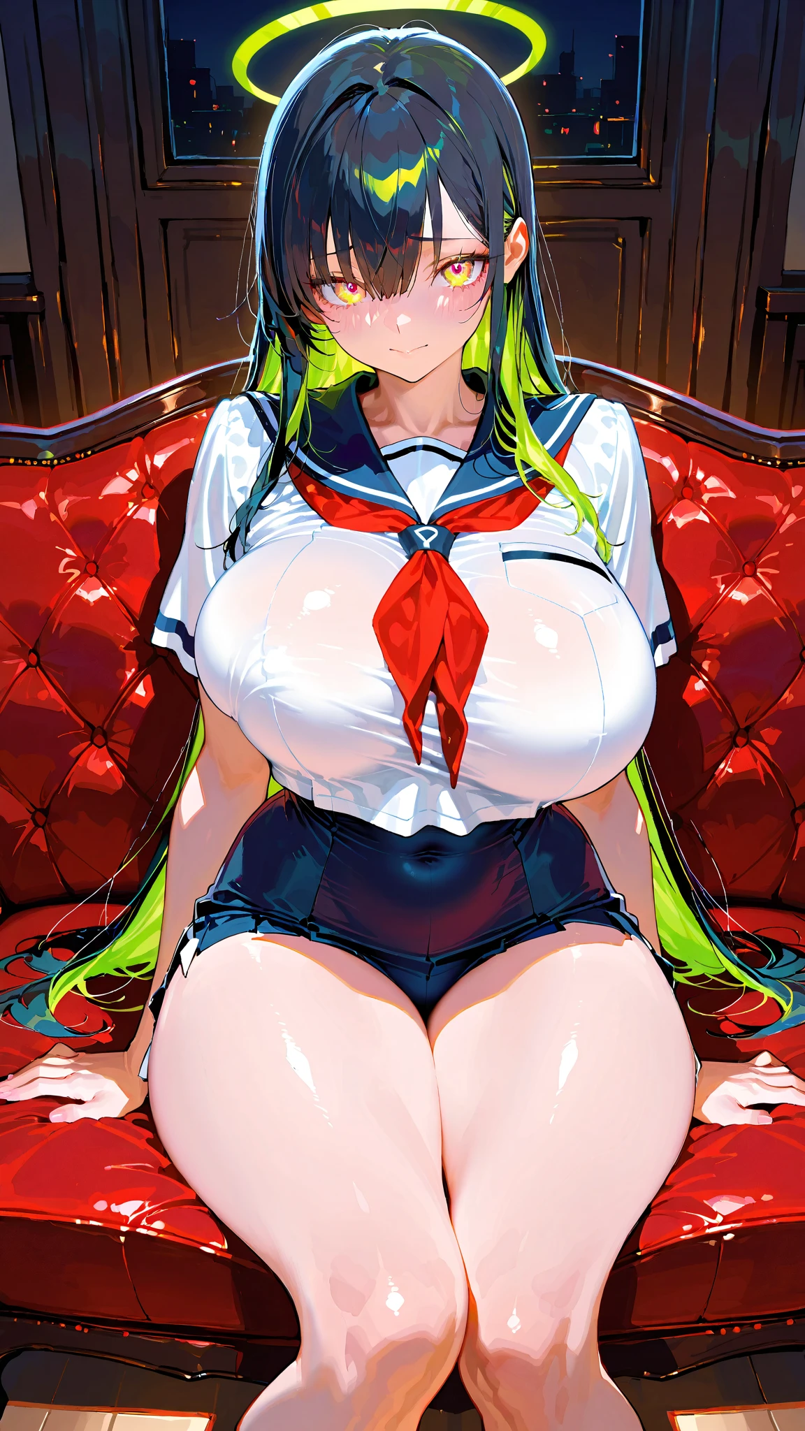 nurse outfit, large breast, big breast, cleavage, long green hair, blue eyes