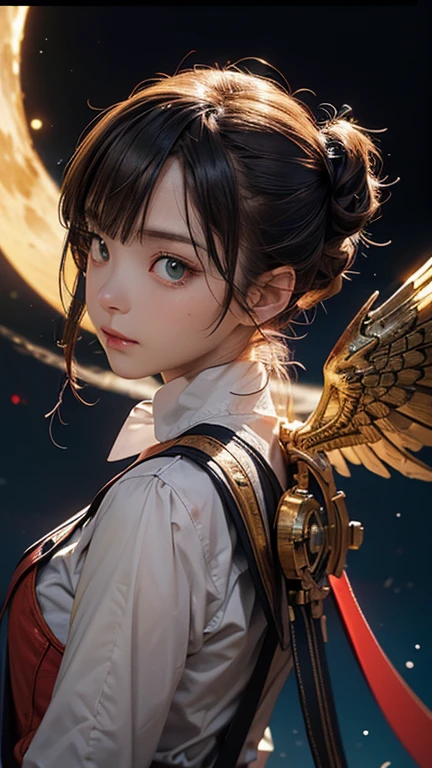 28 year old female。beautiful、City of night、Looking up at the stars in the sky、Serious face、Composition from below、Tons of stars、Place your hand on your chest、Fluttering skirt、White  with no ribbon showing
