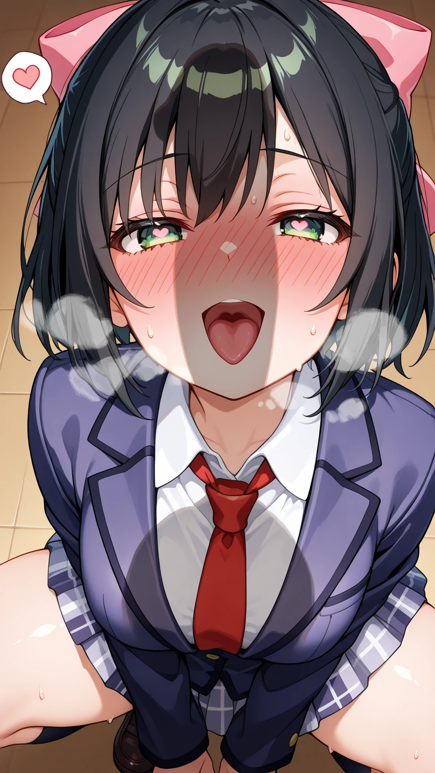 (masterpiece, best quality, ultra-detailed, high resolution, detailed eyes), {vulgar}, nsfw, takeda hiromitsu style, {{{1mature female}}}, curvy body, curly hair up, purple hair, big eyes, (makeup:1.0), (tears:0.7), slave, pet collar, earrings, business clothes, (blushing:1.3), (open mouth:1.5), (tongue out:1.5) (drool:1.4), (breath:1.3), (orgasm:1.5), trembling, looking at viewer, mouth focus, from above