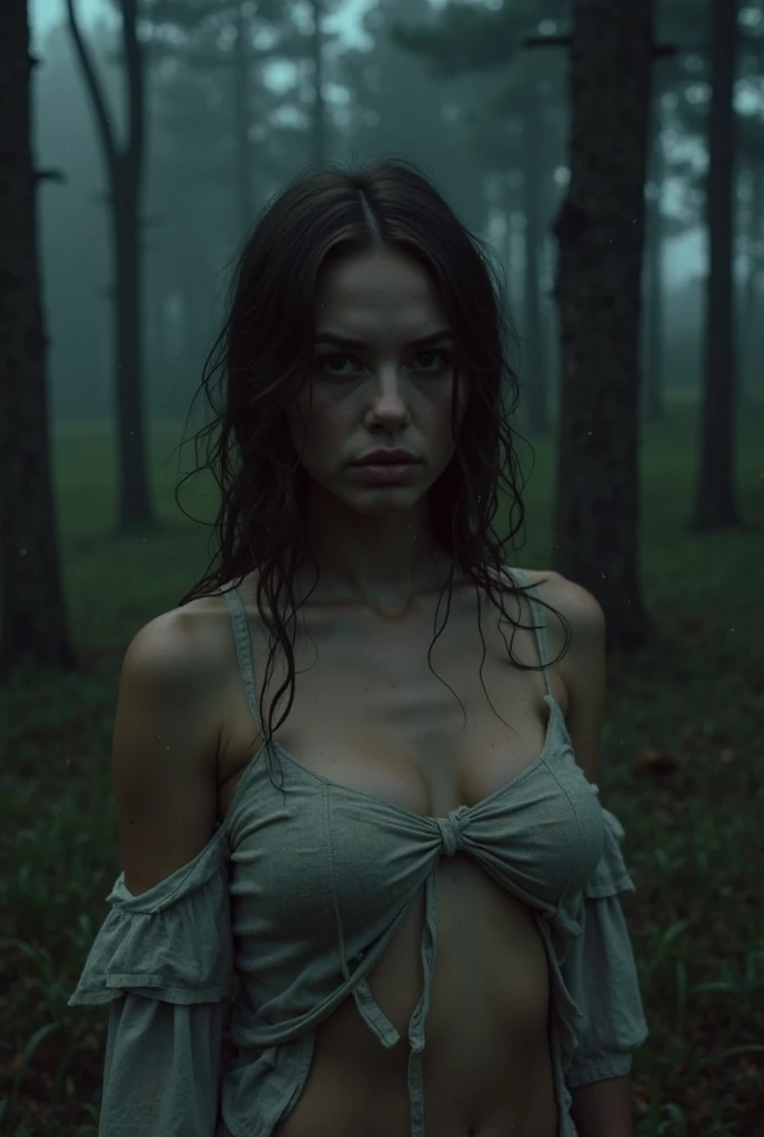 Dystopian style, outside, foggy, dystopia, industrial, (8k, RAW photo, best quality, masterpiece:1.2), (realistic, photo-realistic:1.37), best quality, ultra high res, (natural skin texture, hyperrealism, soft light, sharp:1.2), (focus face:1.2), (high contrast:1.1), (intense:1.1), (detailed:1.1), (highest quality, (analog:1.2), (high sharpness), real shadow, photographed by Canon EOS R6, 135mm, 1/1250s, f/2.8, ISO 400, somber, dramatic, highly detailed, we see her full body, ????? nipples, muscular thighs, fit and athletic physique, big breasts, ?????, ?????, ????????????, realistic vulva, body of a wrestler 