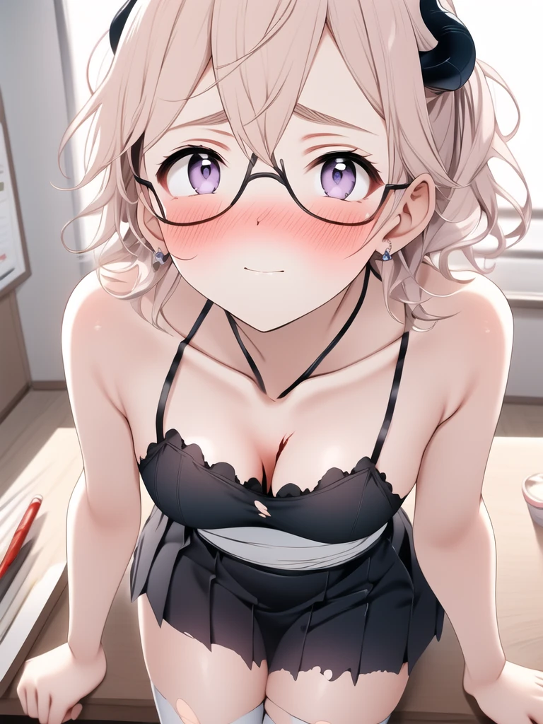 Blonde medium-length glasses wife、Purple underwear with a super obscene torn heart ribbon