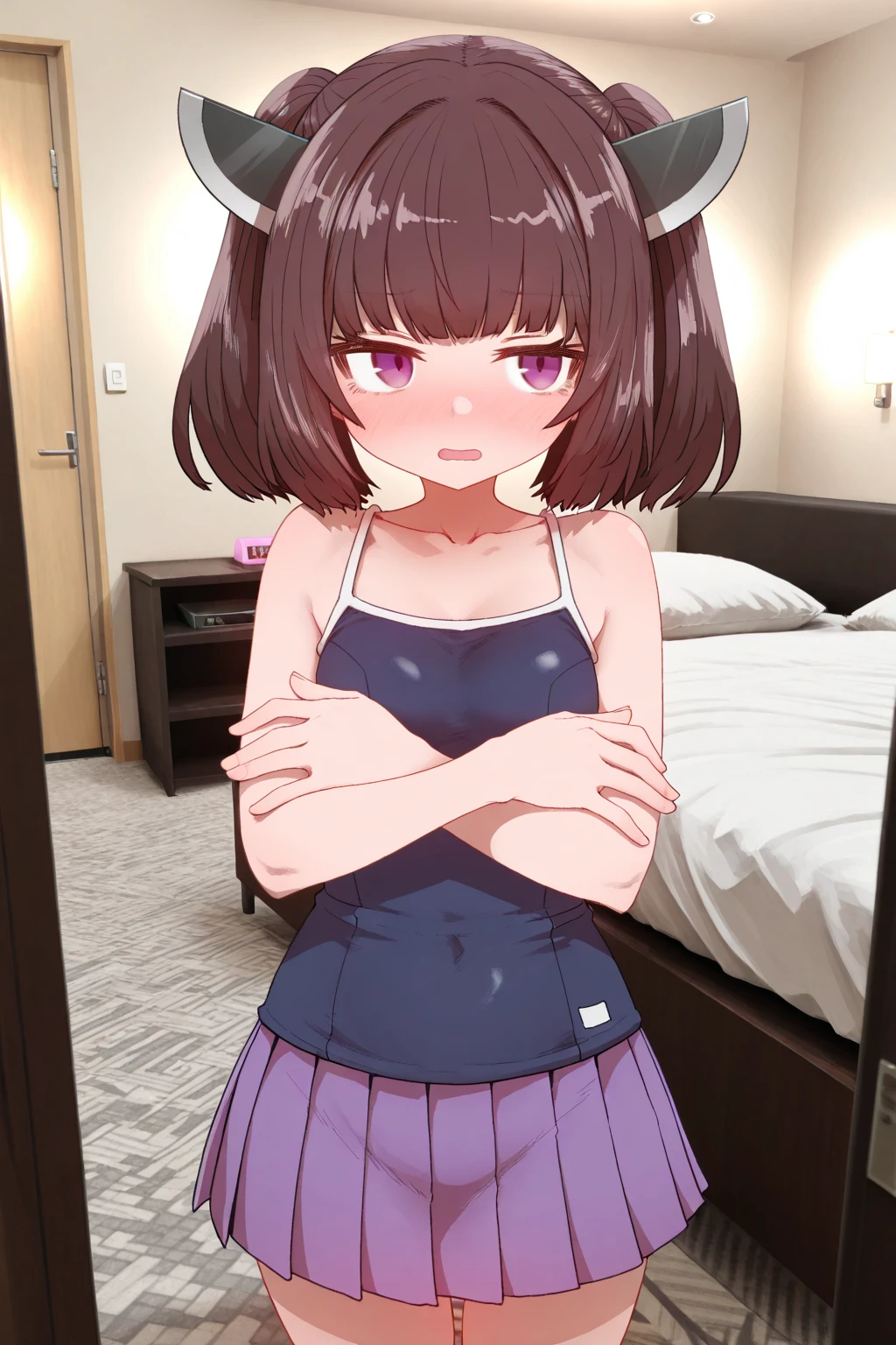 ((masterpiece,best quality)),high resolution, ultra detailed,8k,16k, detailed background, perfect lighting,detailed beautiful eyes,1girl,solo,nsfw,embarrassed,blush,look at viewer,steam,sweat,cowboy shot,pussy,nipple,fisheye lens,nude,from above,wavy mouth,pregnant,(nishino_flower,short stature,little_girl,flat chest,black hair,short bob hair,purple eye,horse_ears,headband,anime style,flat color),living,school swimsuit
