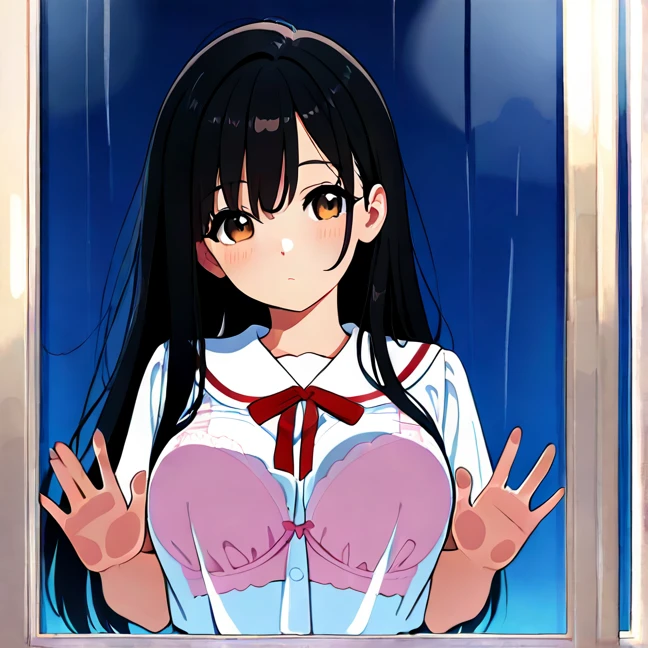 Yoshiko Tsushima　Navy Blue Hair　Red Eye　Left bun hairstyle　Long Hair　whole body　Large Breasts　Wrap a bath towel around your body　shower room　High quality　Soaking wet　smile　cute　I take a shower