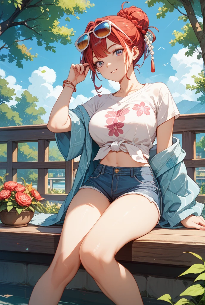 <lora:水彩ç¬v1.2:0.8> lineart, (masterpiece, best quality), nsfw, 1girl, Copper Red Slicked-Back Undercut with, medium breasts, Olive Seamless thong with a floral print and front-hook bra, tube socks, Sitting on a bench with arms resting on the backrest