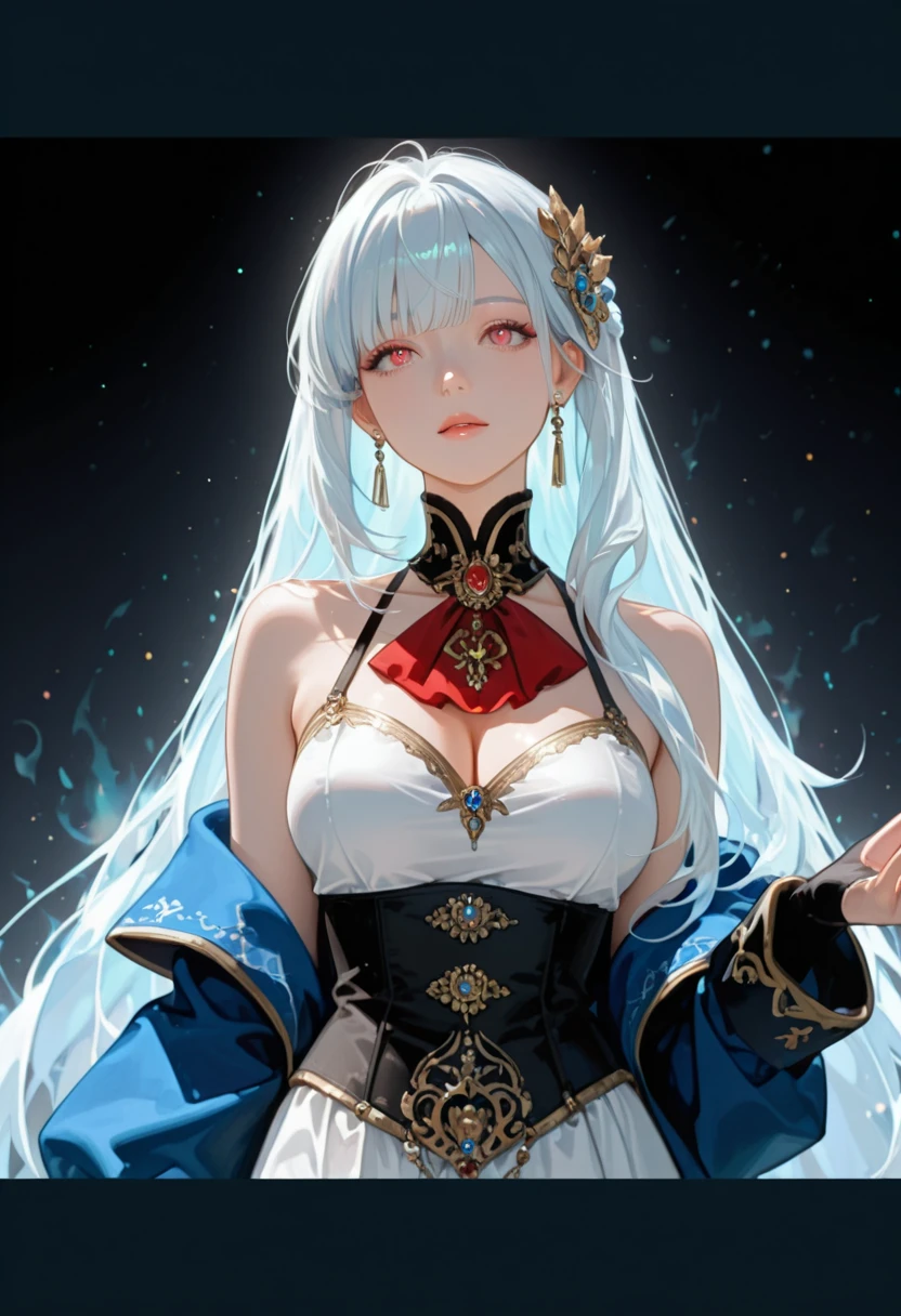 White haired anime girl with fox ears, blue lipstick, red eye liner, golden earrings, Japanese clothes, jewelry, 1 girl, ultra detailed, masterpiece, dynamic shot.