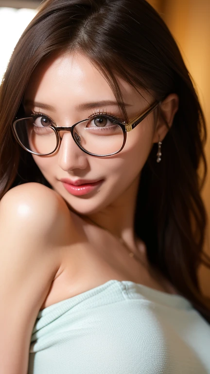 Cleavage,(Big Breasts:1.6),Topless,Beautiful Face,Japanese,Gravure photoshoot,NSFW,Smile,Glasses