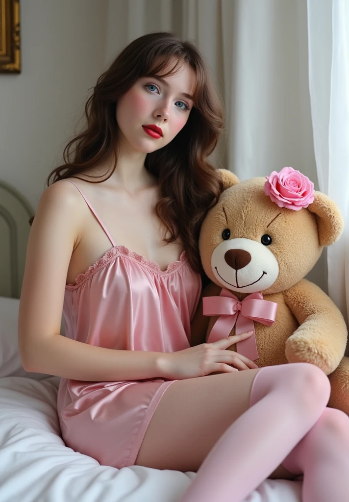 uma jovem de 18 anos, rosto delicado, Pele rosa, olhos verdes, peito grande, muito, sheer pink dress holding a teddy bear, sentado com apena aberta mostrado para camera, deitado na cama com as pernas aberta amarrada