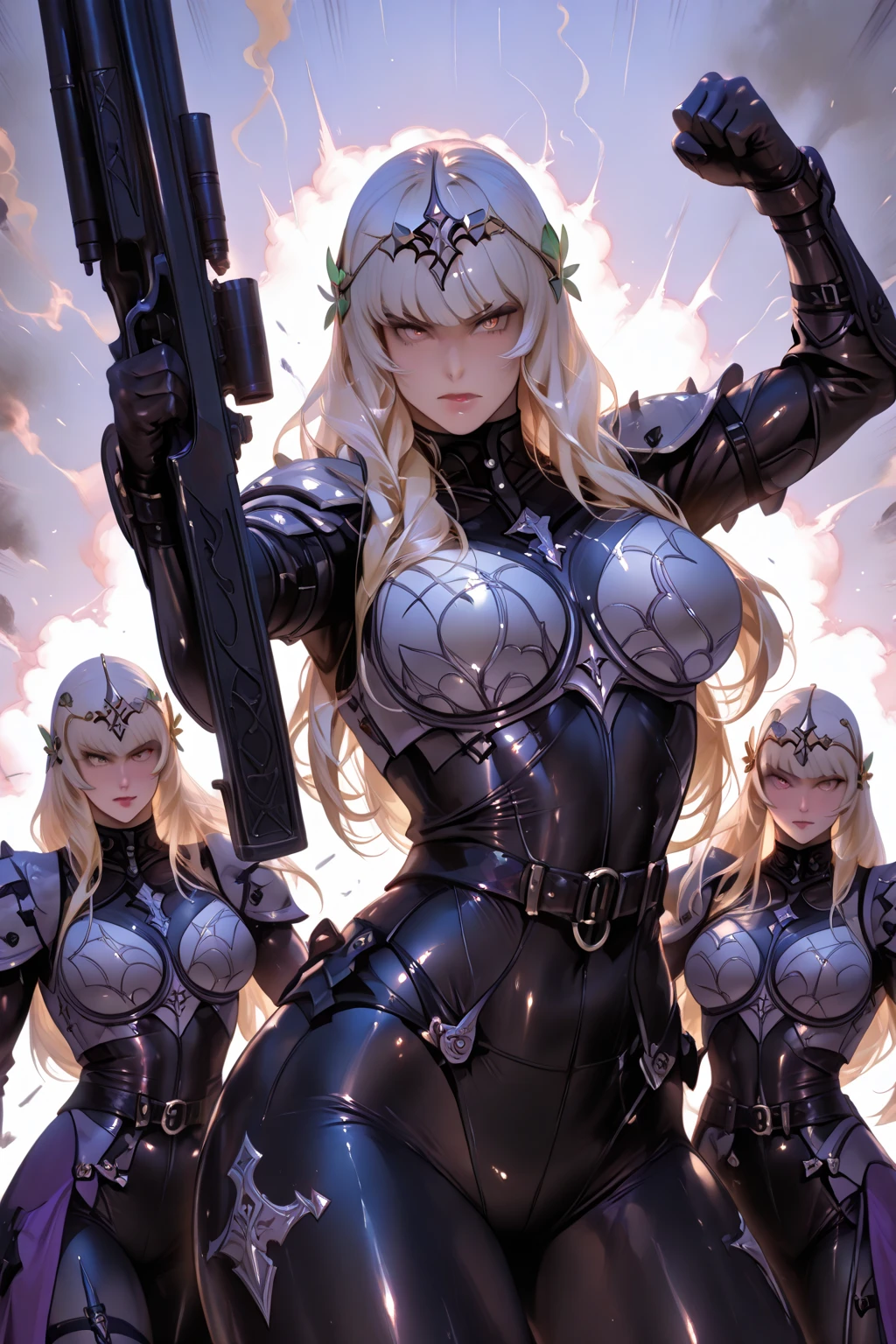 ((highest quality)), ((masterpiece)), (be familiar with), (High definition), 8K, Perfect Face、2Women、Two blonde women with cat ears standing side by side、(Hugging from behind:1.3)、(Smile)、tall、2 Blonde cat ears、2. Long Hair、2. Volumetric hair style、Large Breasts、Narrow waist、Big Ass、glamorous、Alluring、Bikini Protector、Armor、combat suit、Combat Boots、Armament、Equipped with large firearms、Posing in front of a tank、Cinematic、Best Shadow、Side lighting、NEO TOKYO、explosion、(Close-up of two faces:1.1)