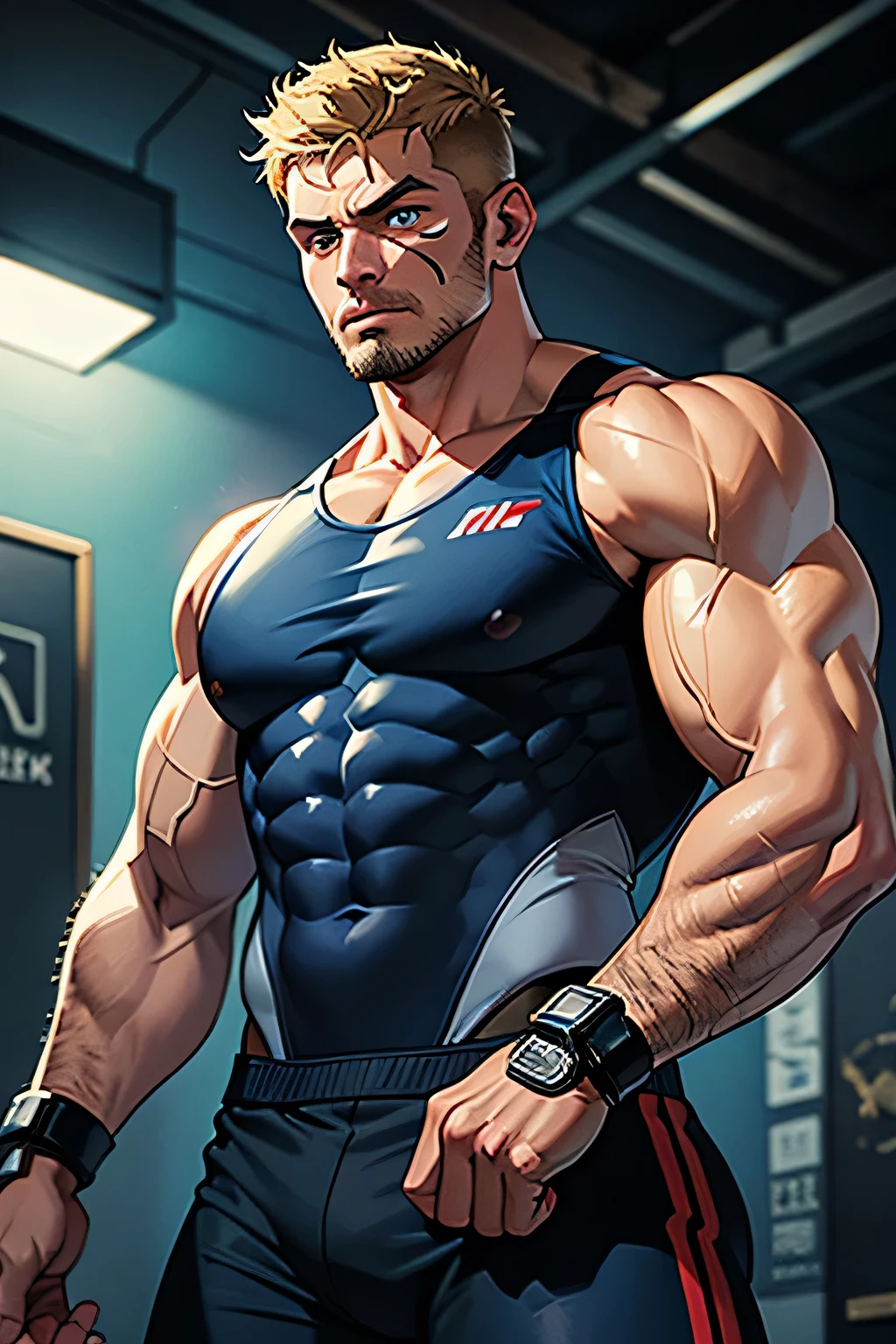 (1 boy,Be a man),Muscular anime guy in the gym, facial expression like masturbation, 1boy, speedo, Tight muscles, Broad shoulders, Handsome and old, Tiny underwear, Sexy, sex, Guy, Gay, sleeveless jacket, Black glasses, boy, bikini, blue hair blue eyes, white beard, tight leg muscles, bara,