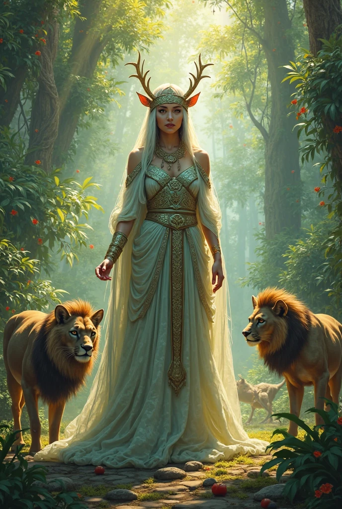 A deeply detailed portrayal of Artemis, the moon goddess and the protector of the hunt, wild animals, and chastity. She is depicted as a vibrant, agile figure moving through a dense, moonlit forest, her silver bow in hand ready to strike. Her quiver is filled with celestial arrows. On her shoulder, a crescent moon emblem glows softly. Surrounding her are various woodland creatures, showcasing her dominion over the wild. Her gaze is focused, and she wears a short tunic, allowing her the freedom of movement. The forest around her is abundant with life, its flora and fauna illuminated by the soft moonlight. Detailed, semi-realistic digital art, mystical, serene ambience