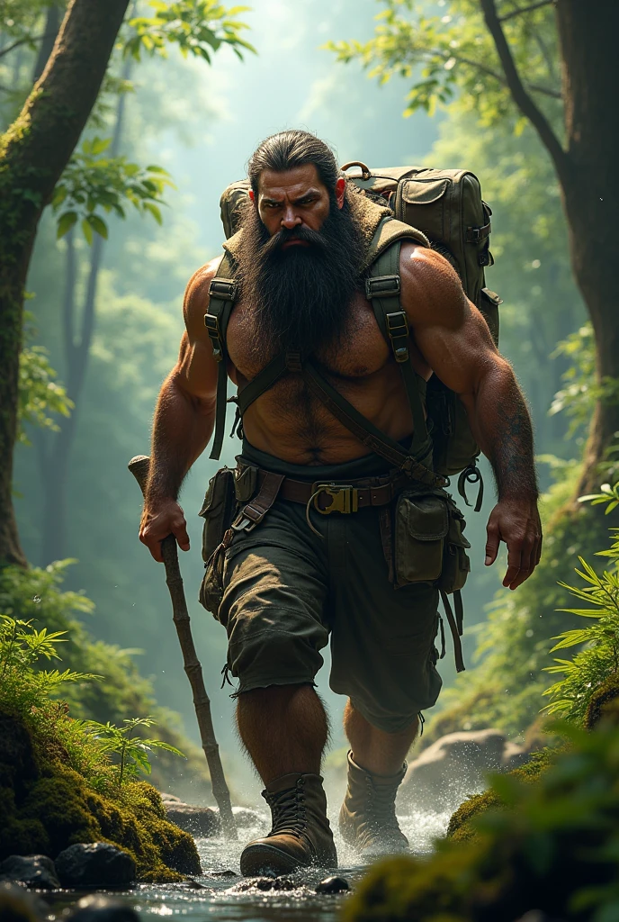 A photorealistic portrait of a muscular, bearded man adorned in a rich sapphire-hued shirt, immersed within the verdant mystique of a dense, ancient forest. He clutches a gleaming, time-worn sword with both hands, embodying a sense of fierce determination. The man's chiseled, symmetrical features radiate a captivating allure, while his deep-set, intense blue eyes pierce through the ethereal fog that enshrouds the enchanting woodland setting.
The forest backdrop is meticulously rendered, replete with towering, gnarled tree trunks, vibrant moss,
