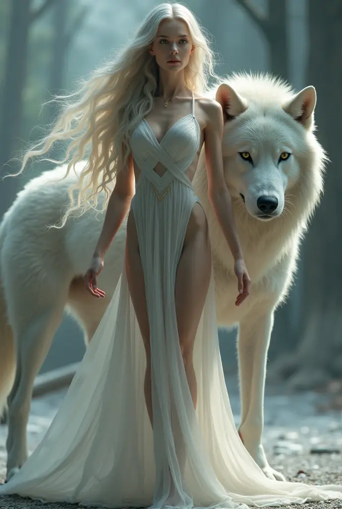 (tmasterpiece), (topquality), (more detailed), (8K), (电影灯光), (Sharp focus), (Precise Anatomy), (photo realism:1.5), (Fantasy art), Epic Movie Poster, Beautiful woman and white wolf, beautiful girl raised by a white wolf, next to the wolf, The wolf approaches the viewer with a kind muzzle, Meeting face to face, A girl with a beautiful face, NSFW, NSFW Girl, dressless,  Detailed face, Happy Look, perfectly proportional breasts, big breastes, skinny waist, bellybutton, large tities, thights, blond hair, blonde woman, hairlong, the girl is girded with a silver thread, Wolves have a large body, ferocious, (Correct anatomy), (A sense of speed:0.8), (Background Blend:0.8), (Windy storms:1.1), dramatic  lighting, thick fog, Fog of the Abyss, universe, Orion Nebula, star universe, Very bright morning sunlight,