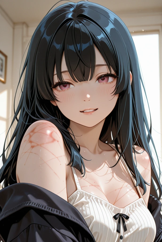 Best Quality, (Background Details), High Contrast, Very Beautiful Woman, Detailed Original Illustration, Functional, Ninja, Ninja Costume, Black Hair, Delicate Face, Charm, Bad Girl, Sexy, Real Breasts, Crazy Smile, Crazy Eyes, Black Background, (Black Background: 1.4) B&W, B&W Picture