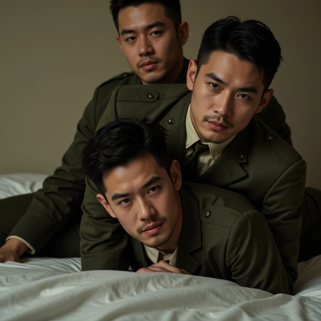 40 years old,Five Men,、Black Shirt、Red tie、、Dhaka - Fighters、garden。Nap on the grass、They are hugging each other、logic, ,Very short hair、　,Asian Face,、　Stubble、　Upper body close-up、Seen from below