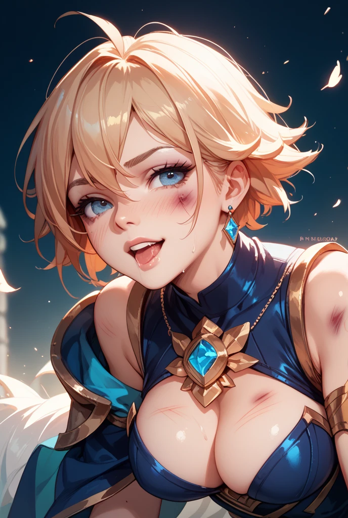(masterpiece, top quality, very aesthetic, 4k、illustration), ()、intricate detail, 1woman,solo,contrapposto 、(gradient eyes、tareme)、grin、very short hair、parted bangs,Fair skin,(upper body)、beautiful women、arched back、(micro bikini armor),beautiful face、(gradient hair)、(braid light brown hair)、sidelock ,,purple eyes、Warrior、bikini armor、medium breasts、slender 、Cape
