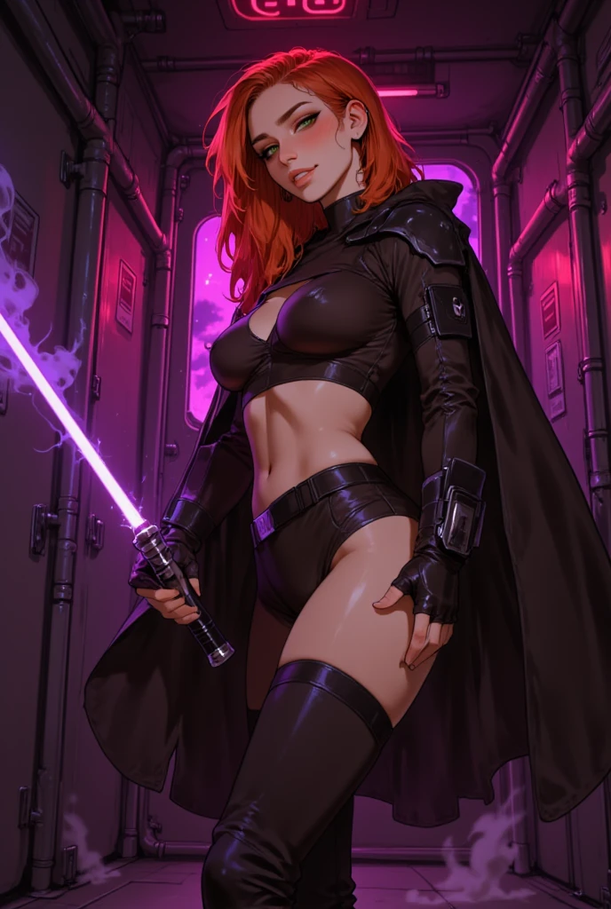 A red hair woman, warrior, green moon, alien world, fantasy, ray tracing, masterpiece, best quality, ultra quality, absurd details, best light, best shadow, sharp, sharp image, detailed, extremely detailed, great resolution, 8k, 4k, uhd, particle effects, beautiful effects, vivid colors, neon light, neon, light, barely naked, short black armor, brown cloak, big boobies exposed, nipples out, big medieval sword.
