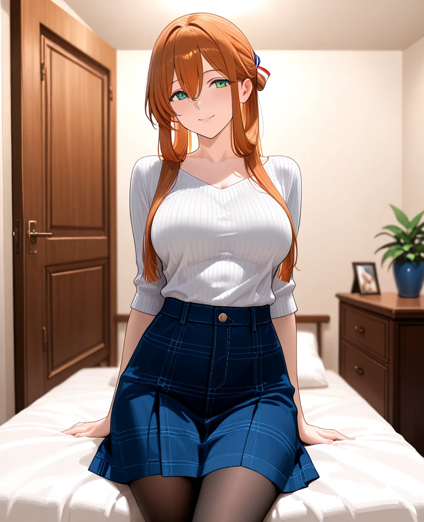 1girl, anime girl, anime, (dark skin), stylish girl, 2d girl, 18y, (fullbody), in bed, anime girl, seductive smile, (orange hair), ((white blouse)), Solo, Slim, Big Breasts, Tight Shorts, low waist shorts, upshorts, sitting on the bed, night background through the window, looking at viewer, (((spread legs))), (((Wedgie))), (((shorts))), (((absurdres))), (((thigh gap))), (((cameltoe))), (((lowleg shorts))),