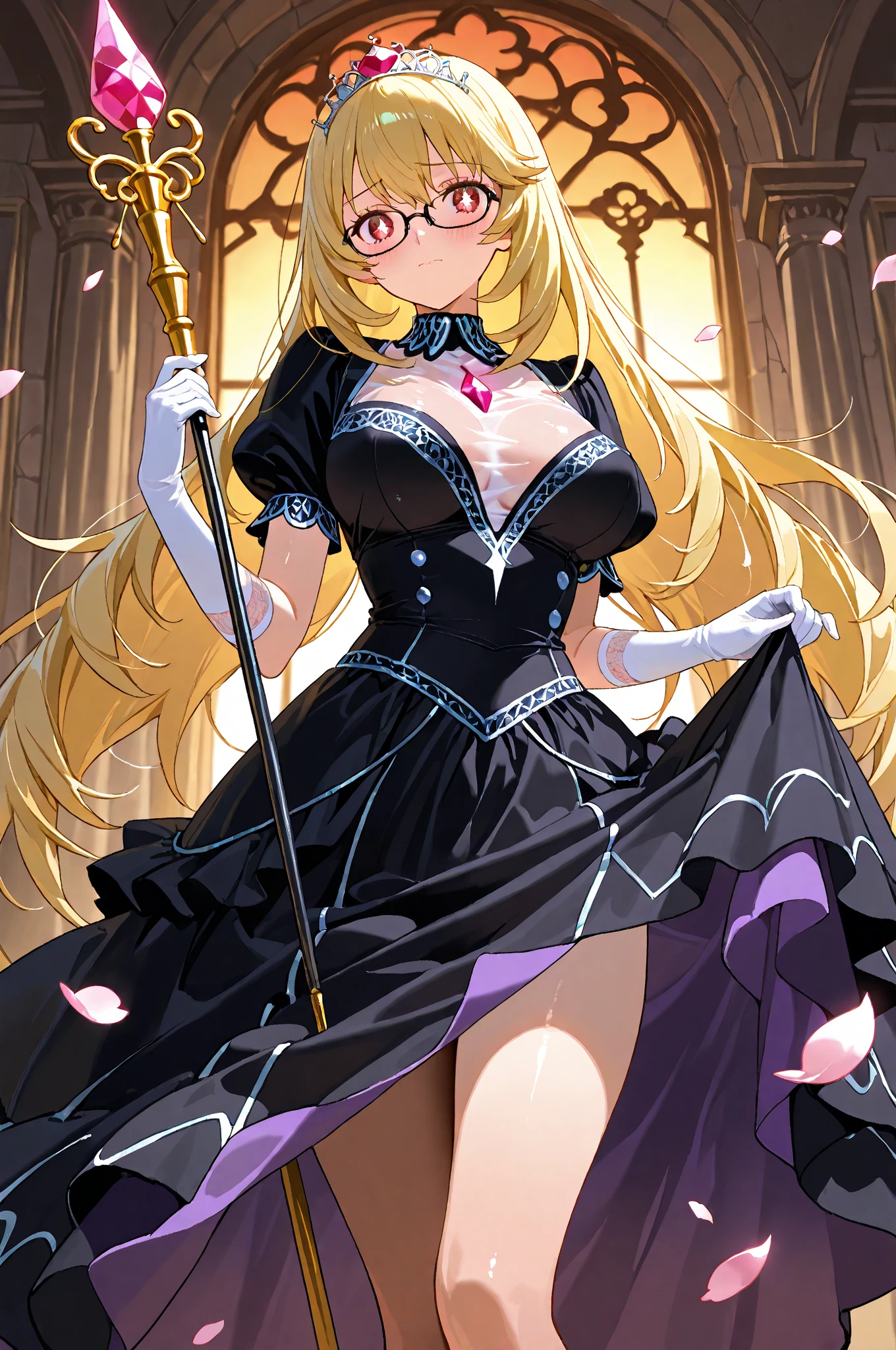 corrupta, shoujo style, floral background, romance manhwa, 1girl, blonde hair, solo, long hair, flower, dress, tiara, white dress, gloves, long sleeves, thick eyeblows, purple eyes, white gloves, purple bow, purple flower, wavy hair, standing, bow, jewelry, looking at viewer, white background, evil smile, collarbone, puffy sleeves, skirt lift, upper body, parted bangs, very long hair, purple dress, frills, bangs, cowboy shot, huge breast, cleavage