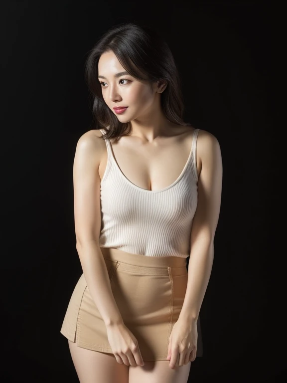 High resolution, high resolution, Attention to detail, masterpiece, Rough skin, Anatomically correct, sharp, Gray background((Japanese Mature, 90 years old)), alone, ((Facial wrinkles)), Shapely large breasts, Straight light brown hair reaching to the shoulders, Chubby body type (((Stand upright, Facing the center of the screen.))), Close your mouth and look ahead with a serious face, See-through white tight dress,sweater, skirt, ((Cowboy Shot)),