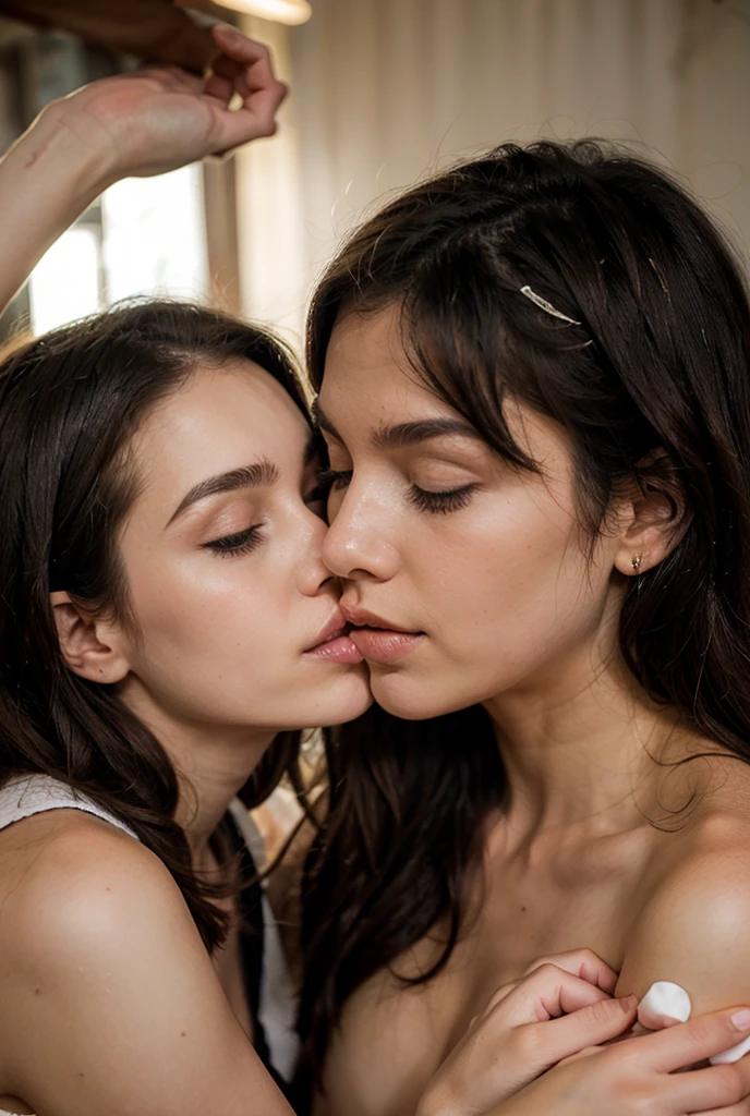 Generate two girls kissing each other in front of mirror in half sqirt 