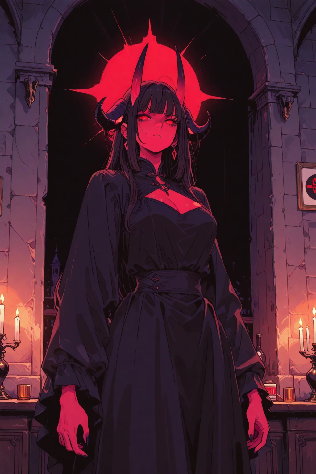 8k, masterpiece, best quality, highly detailed, 1girl, demon queen, Fierna, multicolored hair, long straight hair red highlight hair on black hair, strippled hair, red lipsticks , earrings, necklace, wearing crown, glowing red eyes, glamorous, high heels, palace, roses, black and gold leather suit, villainy, smirk, intimidating pose, close up view, rings, looking at viewer, demon horns, sitting, reddish skin, demon tail, demon wing, black demon horns, Fiery, hells, throne room.