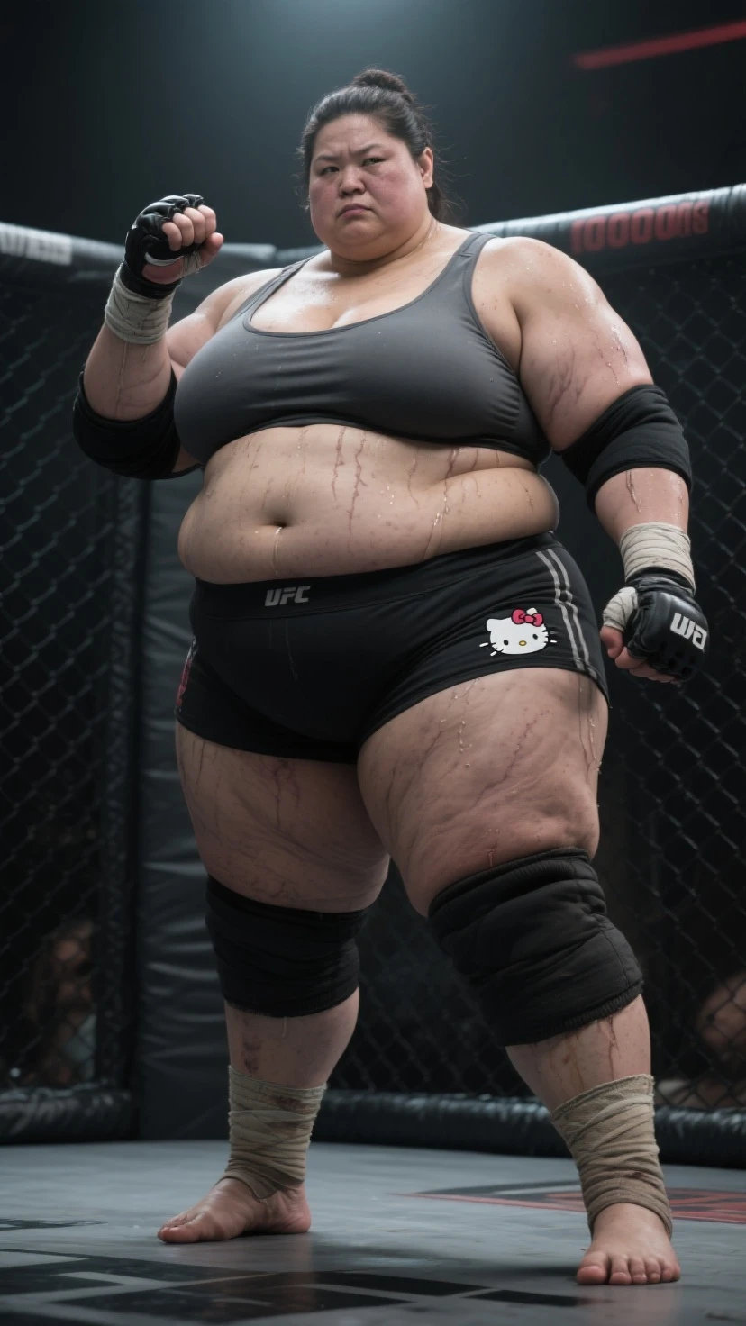((Dark skin)), ((dark skinned female)), ((giantess)), ((strongfat)), ssbbw, obese, ((strong arms)), white hair, blue eyes, ((tall)), (gentle smile), (wrestling gear), gigantic, insanely large belly, sweaty, subtle blush, (bare arms), ((gigantic biceps)), leotard, fingerless gloves, wrestling ring background, clear face, large eyes, ((heavy shading on lower half of the body)), ((cute face))