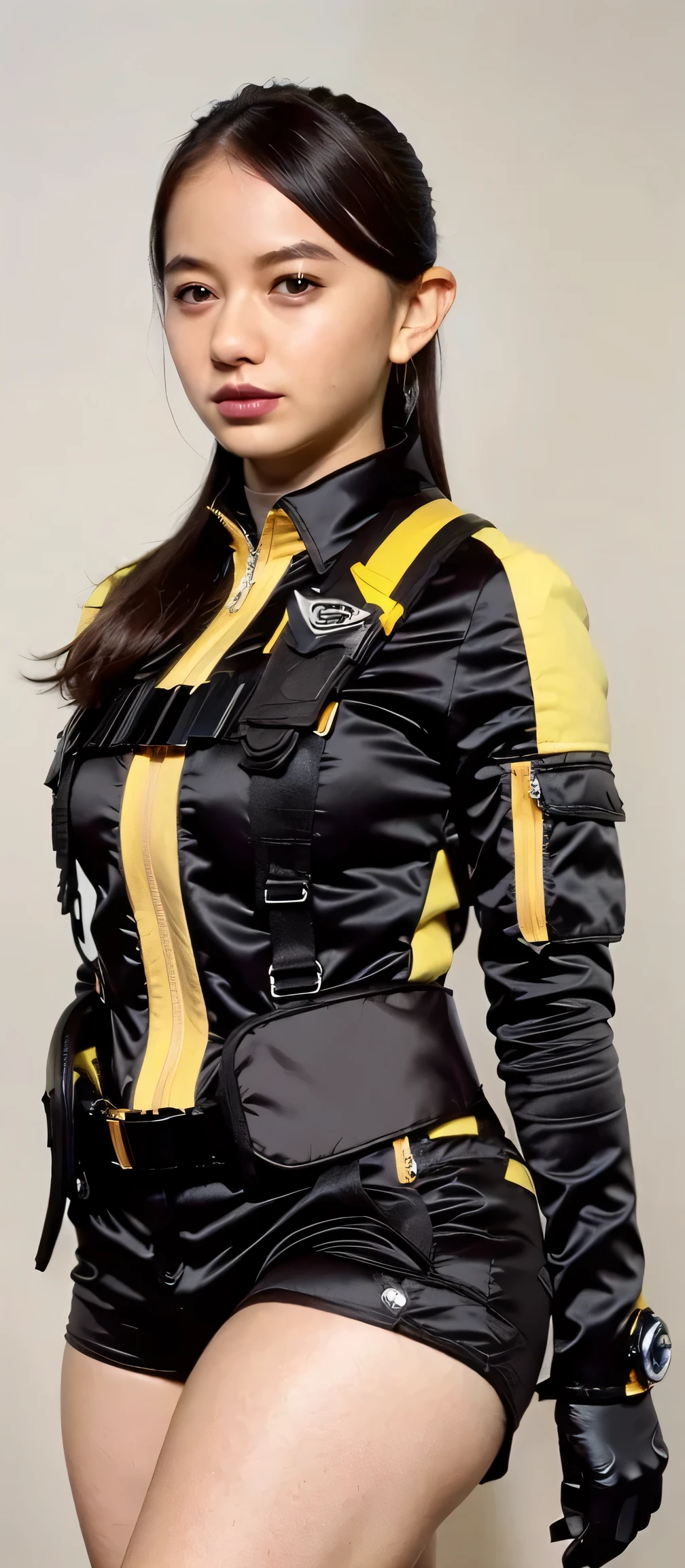 ( extremely realistic ), ( Top Quality), ((round, SMALL AND PRECISE FACE )),short shorts,black gloves,黒 shorts, boots,jacket,shorts, dark hair ,big boobs,adult woman , Her breasts are big and rounded, The clothes are perfect for that figure ,beautiful skin ,My nose is small,thin eyebrows