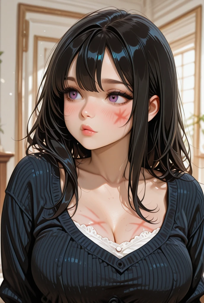 Misako amamiya,perfect , mature women,realistic skin,black hair, long hair, (hair over one eye:1.4), messy hair, hair between eyes,plump, chubby,fat, busty,busty breast,cute motif pajama, cute shy blush on