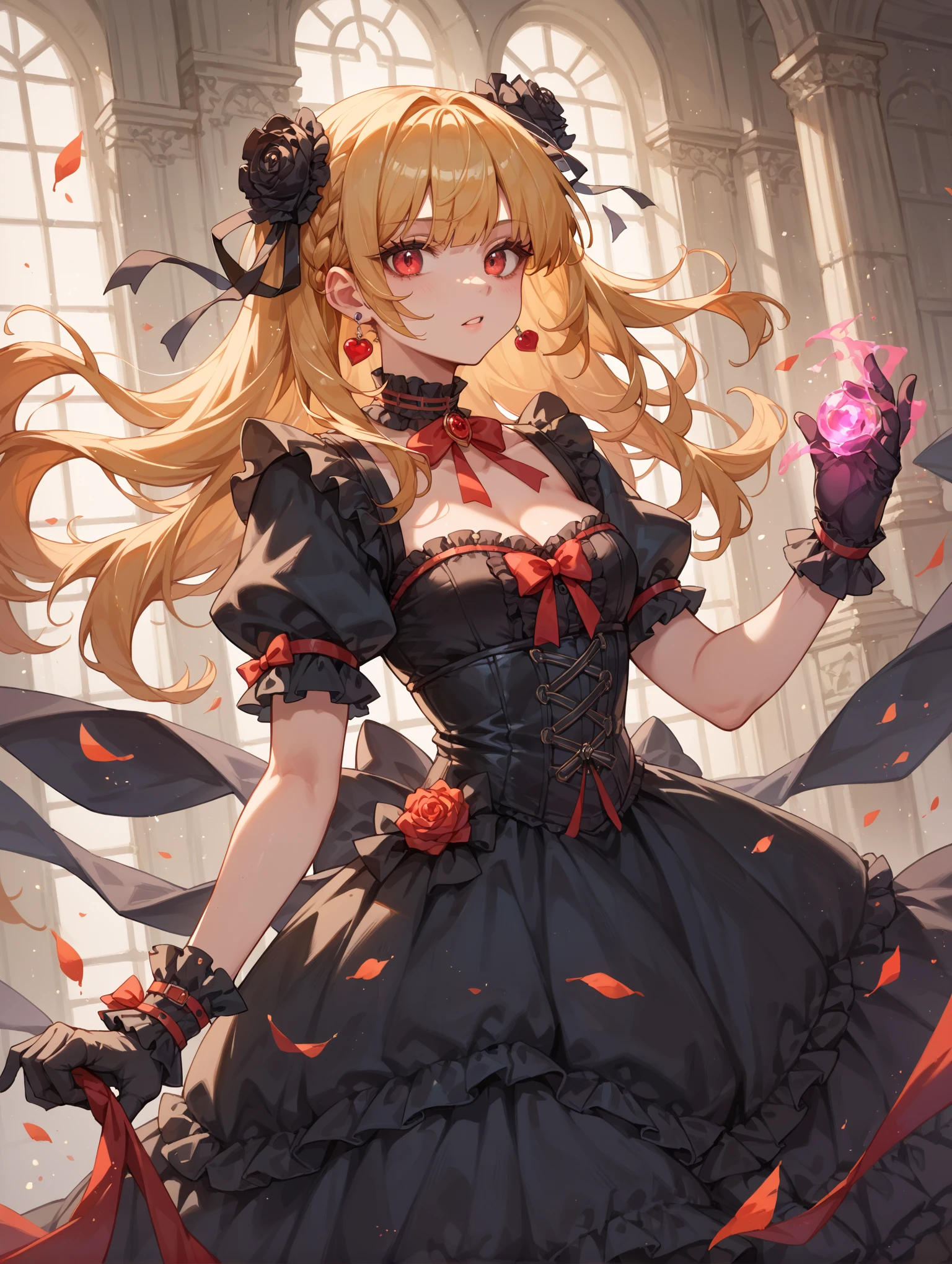 masterpiece, best quality, highres, hmpris, long hair, braided bangs, low ponytail, hair ornament, choker, collarbone, necklace, cleavage, bare shoulders, red dress, detached sleeves, black sleeves, <lora:priscilla_barielle_v1:0.7>, hand on hip, smile, cowboy shot,