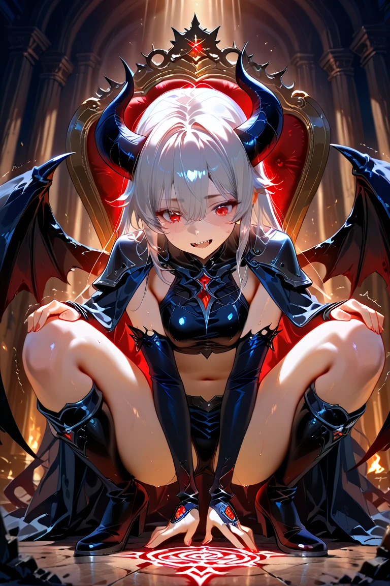 Oni woman, black horns, sexy, transparent breast, transparent clothes, athletic, skinny, fit, red skin, bones, black eyes, eyeball tattoo, nordic tattoos, full body photo, artistic pose, very angry face, long fangs, silk, diamond face, demon tail, neo noir, tentacles on back, wings demon, dragon scales, , strong shadows, yellow light, blue flames, bloodborne, detailed face, open mouth, sparks, fibred muscles, spores, bald head, big legs, crocodile coat, dragon head cap, hands hair, gargolyes background, hell, jail, night, sturdy, detailed abs, dark nipples, bloody face, bloody fangs, bloody mouth, hurts, scars, shinying eyes, transparent underwear, war pose, spread legs, knee, white underwear, lether gloves, long claws, bloody claws, without pants, no underwear, wet underwear, slim breast, slim tanga transparent, grab crystal daga, bdsm style, whipm long tongue, sneake tongue, tongue out, blood tears, transparent sexy underwear, showing pubic hair, perfect vaginal shape, (masterpiece), perfect, direct light, underlight, long nails, claws, trenzas, sharp, knife, mechas, injuries, bulge, crown, pendants, piercing, nipple piercing, grey hair, short hair, ground pose, sitting, detalied vagina, fiber muscles, strong jaw, vitiligo skin, golden sky, smal boobs, tiny boobs, tiny breast, 18 years old, ahegao, cat tail, cat ears, cat eyes, sneake tongue, sneake eyes, viperine, scowling, golden clothes, golden chains, golden details. small chest, samall tits, small body, skinny, black skull, bones, fox head, haired animals, looking back, ass spread, silver gloves , boner, femboy, kid, fairy wings, highly detailed boobs
