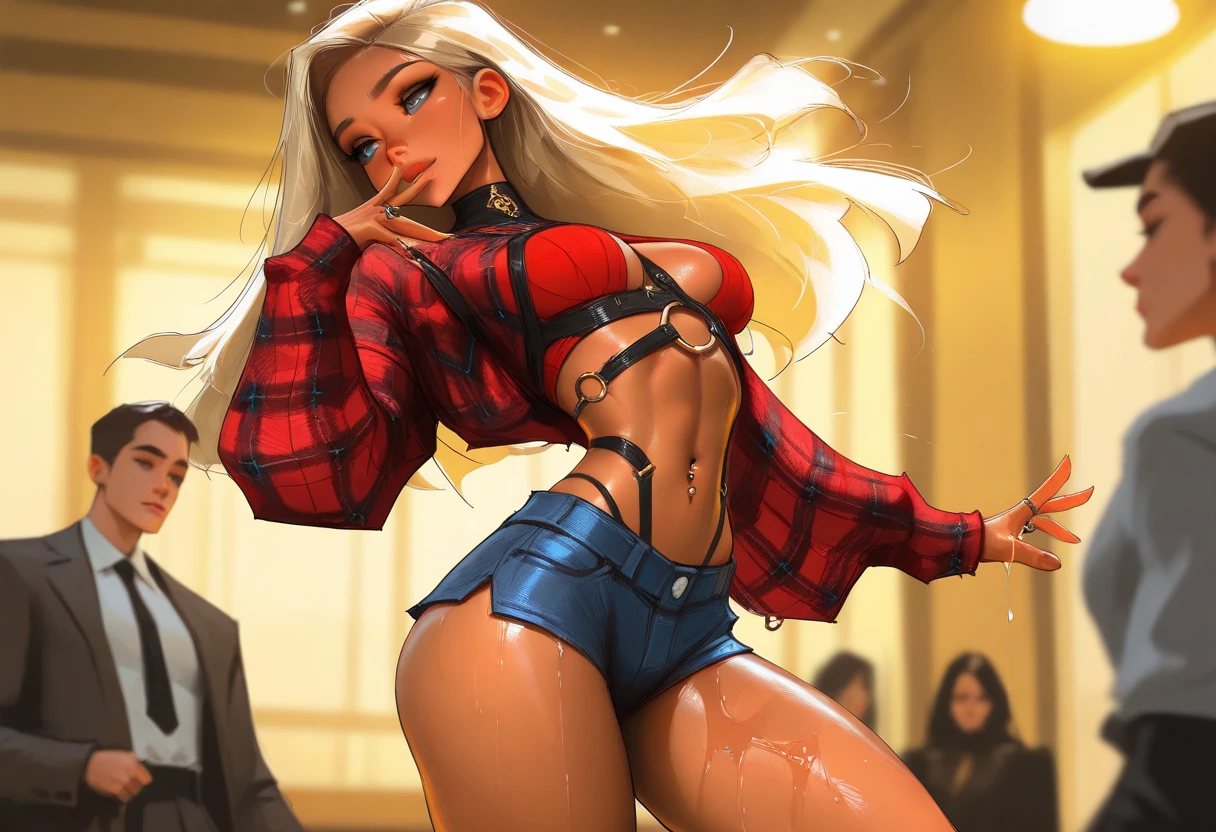  The image depicts a group of people, including pop star BLONDE Britney Spears and several men, engaged in a physical altercation AND SEXUAL ASSAULT. The woman is in the center, surrounded by the men who are grabbing her and possibly attempting to control or restrain her. The scene takes place in a concert setting. imminent RAPE the hard way, undressing her, groping her, nsfw