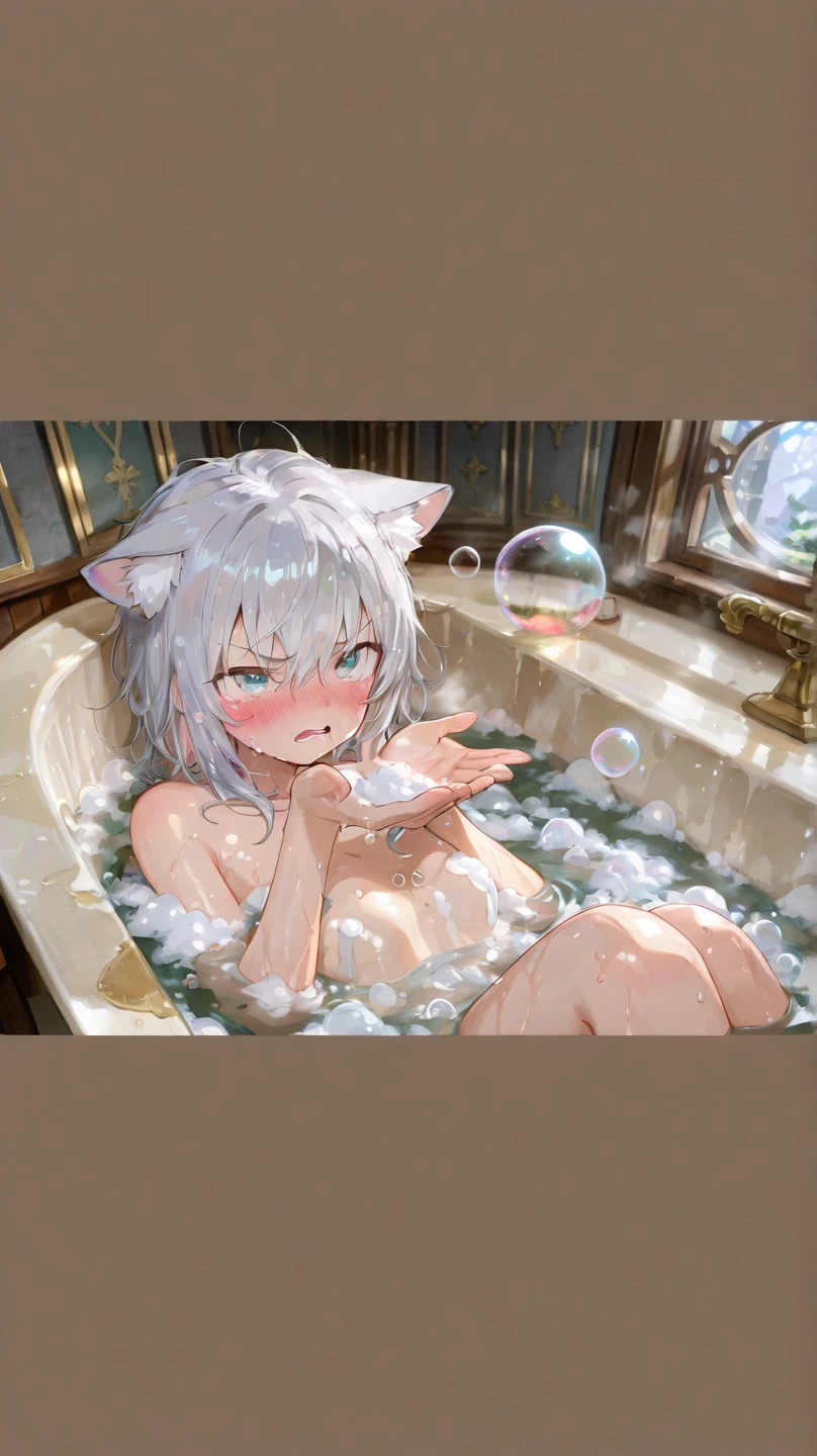 (young: 1.3),leopard girl,white long hair,small breasts,pubic fur,neck fur,ultra detailed fur,naked,modern bathroom,bathtub,steam background,light and shadow,sparking water detailed,face steam,stomach steam,neck steam,body steam,wet face,wet neck,wet arms,soak in bathtub,smile,looking at viewer,full face blush,smile,open mouth