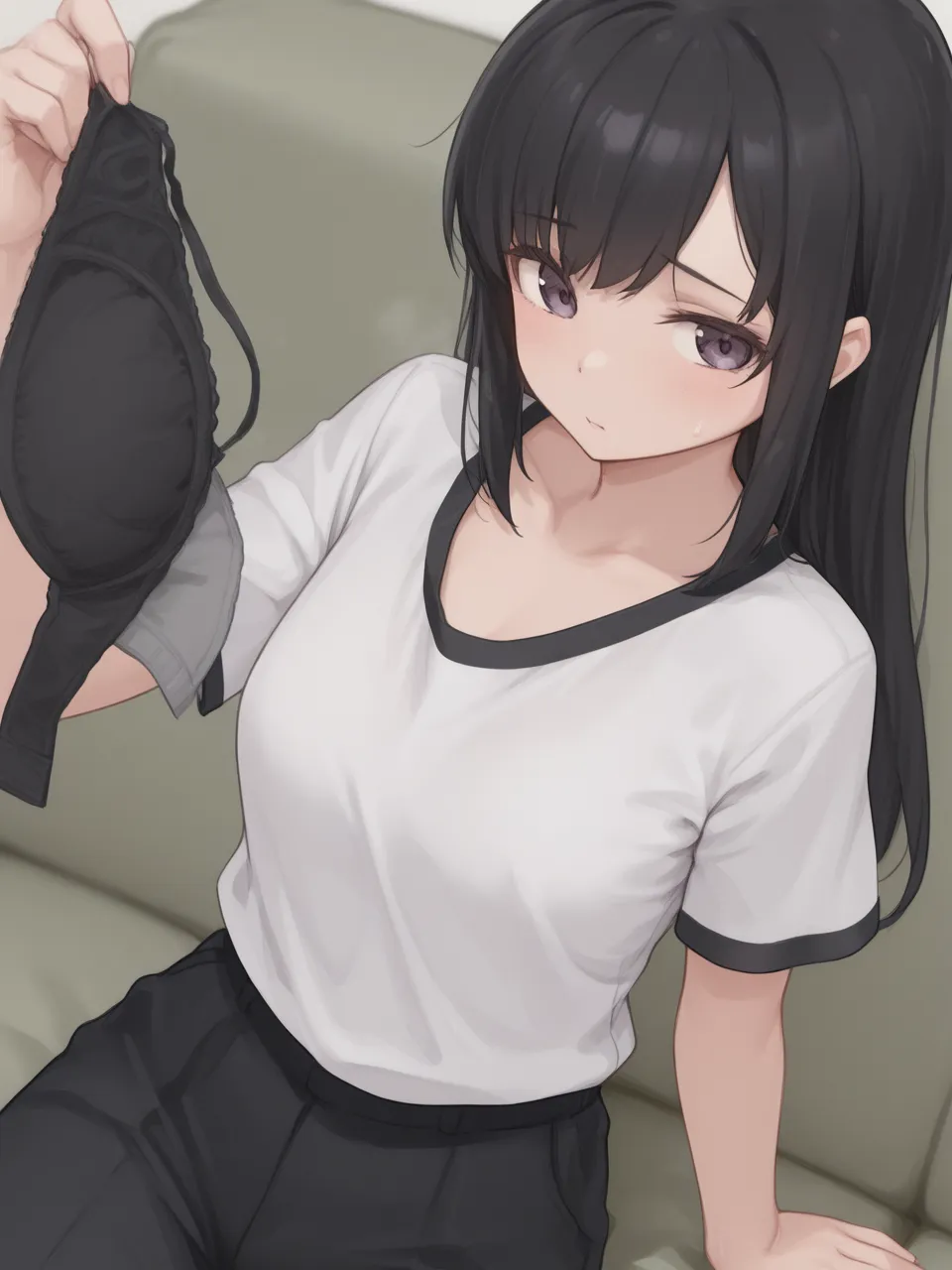 best quality,t-shirt,short shorts,open mouth,blush,, portio massage, electric massager, vibrator, hitachi magic wand,,sex toy,trembling,arched back,from side,on back,solo focus,