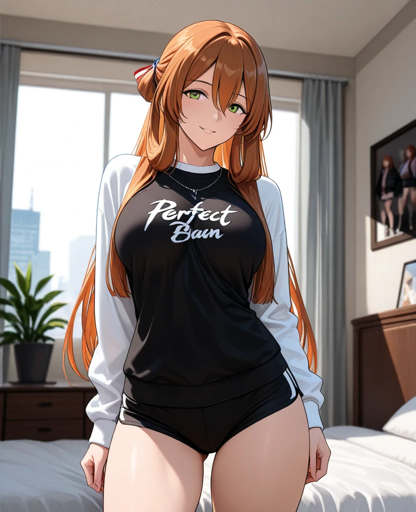 1 Girl, brown hair, long hair, forest green eyes, dünn, hourglass figure, kurze rote hose, white oversized hoody, brüste betont, small taille, big brests, standing in hotel room, anatomically correct, (best quality,4k,8k,highres,masterpiece:1.2),ultra-detailed,hyperrealistic,photorealistic,highly detailed,intricate details,vivid colors,dramatic lighting,sensual,seductive