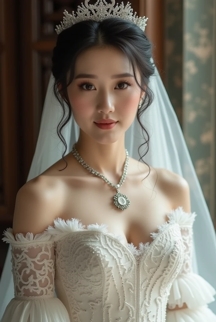 1 beautiful white wedding dress interior background(Best quality, Detailed details, Masterpiece, , 4K, Chiaroscuro,Ultra-realistic, Highly detailed Canon videography )