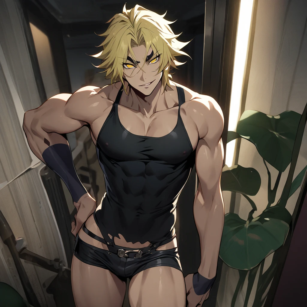 (masterpiece, Highest quality),Full body portrait,Man in his 40s,body tilt,Delicate large eyes,Open your eyes,Long Hair,Smooth and delicate skin,Short, square face,Surprised expression,short and round face,flat jaw,Detailed painted face,Muscular,Light blonde,Complex,naked,(spine:1.2),the night,Bright colors,(Depth of written boundary:1.2),Raised to be sexy, Restrained arms,Bedroom, like々Shii, Imminent sexual activity, Black Thong, Femboy Leather Thigh High Socks, 上半身naked, Blushing, Nervous, Intimate lighting, night, A quiet street reflected in the window, Black leather spiked collar, Slave handcuffs, Slave Collar, Longing for, Lewd, Dramatic lighting, Dark Light