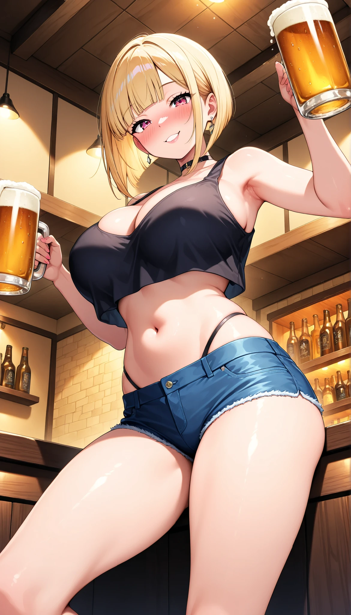 Very detailed、Highest quality、Best image quality、masterpiece、8k、Blonde curly hair、smile、Open Mouth、(SFW Huge Body)、(((Rear View)))、Cowboy Shot、Wear a thong、Knee-high socks、(horn)、(Tight ass)